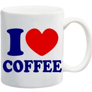 White mug printed “I ❤ COFFEE” in navy with a red heart