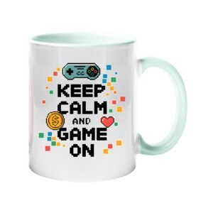 Colour handle mug with โKeep Calm and Game Onโ with a game controller โ mint green handle and inside