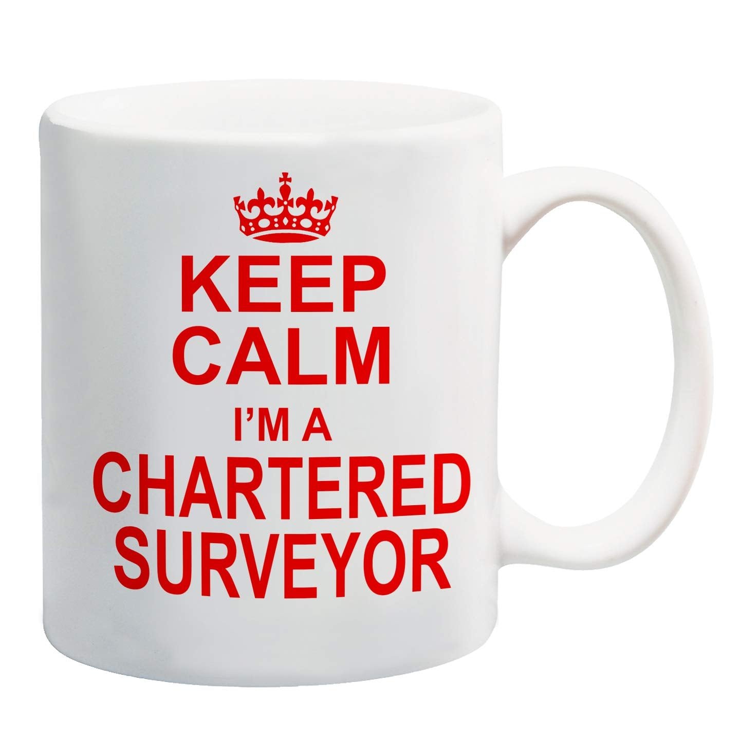 5c1ad7bb.jpg White mug with a red crown and “Keep Calm I'm A Chartered Surveyor” in red capitals