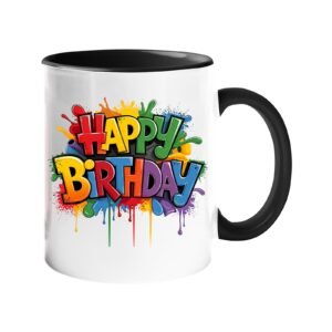 Colour handle mug with multicolour graffiti block “Happy Birthday” letters