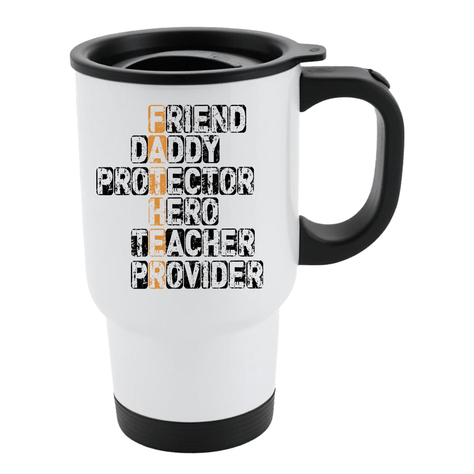 61 0iqqnn4l.jpg White travel mug with black lid and a “FATHER” acrostic – friend, daddy, protector, hero, teacher, provider