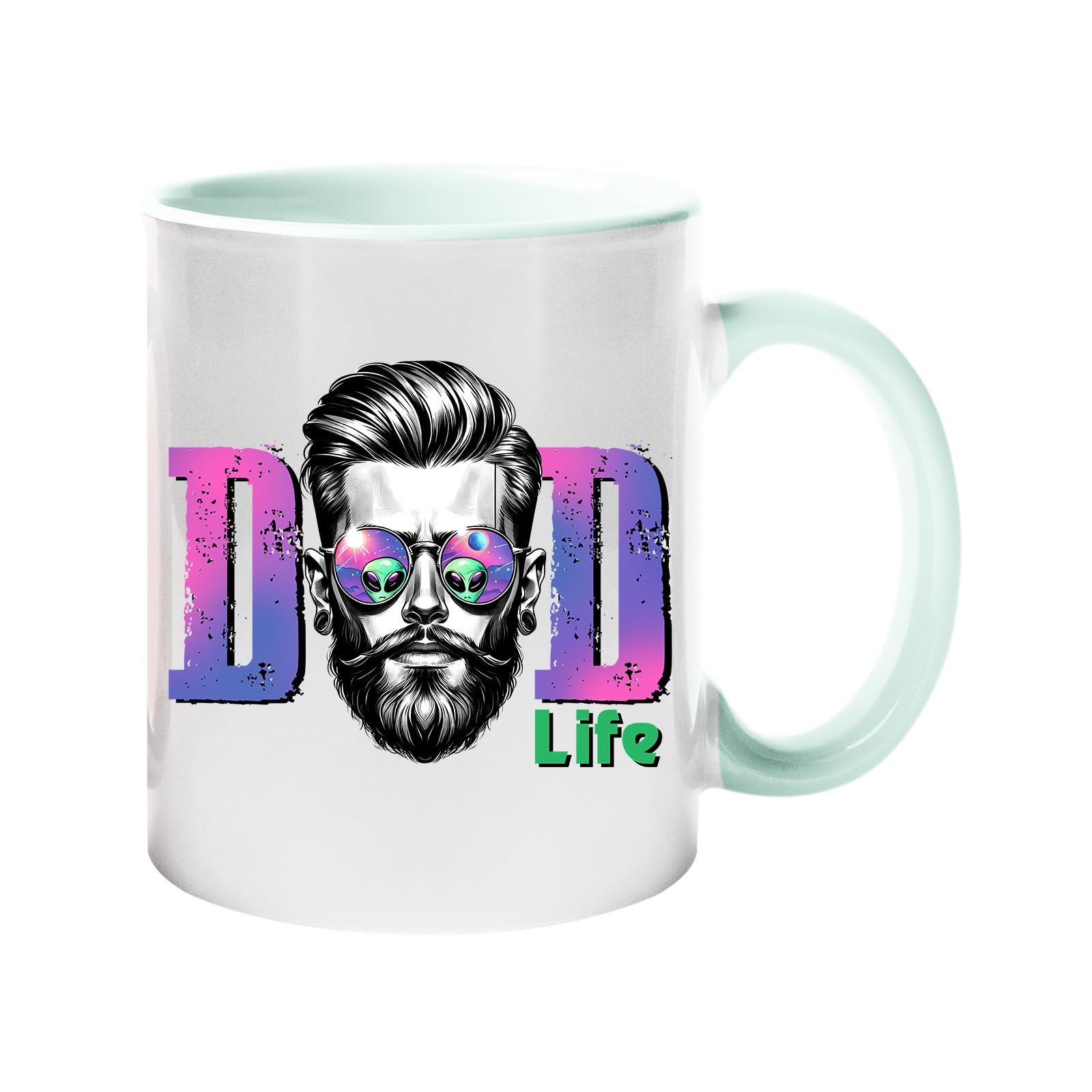 61 h3ymg46l.jpg Colour handle mug with a bearded dad in sunglasses between pink “DAD” letters signed “Life” – lime handle and inside