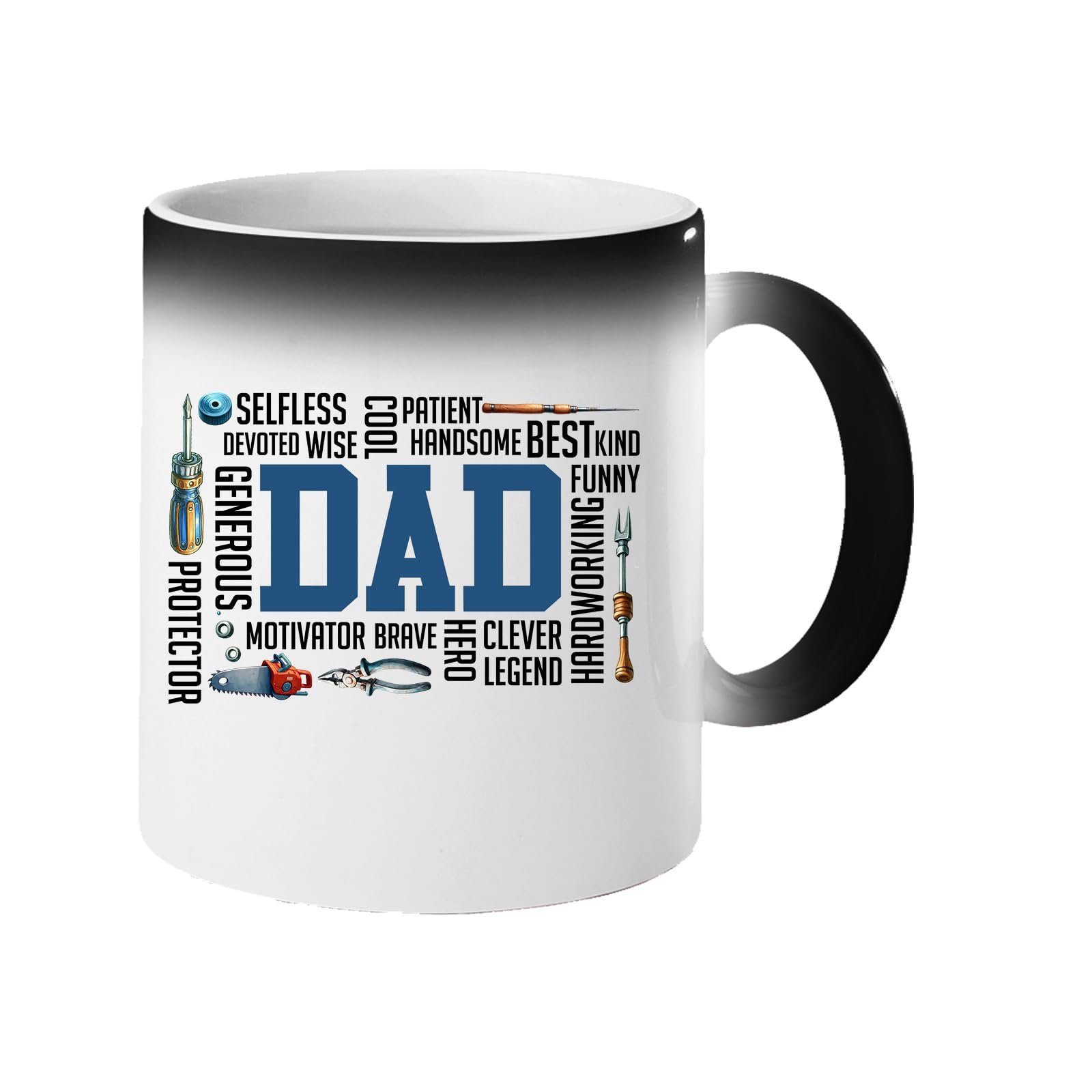 61 khh u4ql.jpg Colour changing mug revealing a big blue “DAD” surrounded by words like selfless, wise, funny, brave, hero and legend