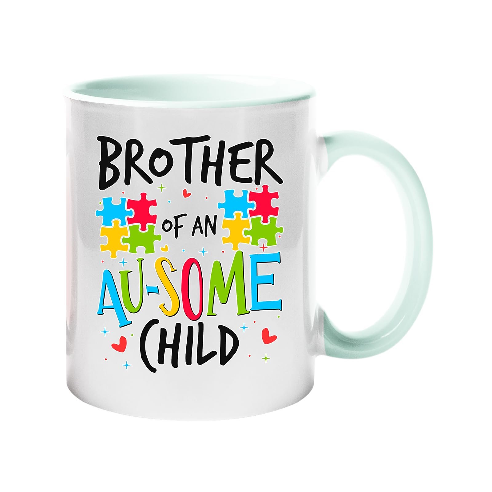 61 rkv1x3tl.jpg Colour handle mug with “Brother of an AU-SOME child” with colourful puzzle pieces – lime handle and inside