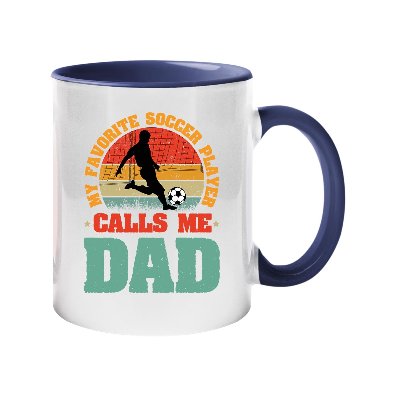 61 x2l33vel.jpg Colour handle mug with a footballer in silhouette on a retro sunset with “My favorite soccer player calls me Dad” – dark blue handle and inside