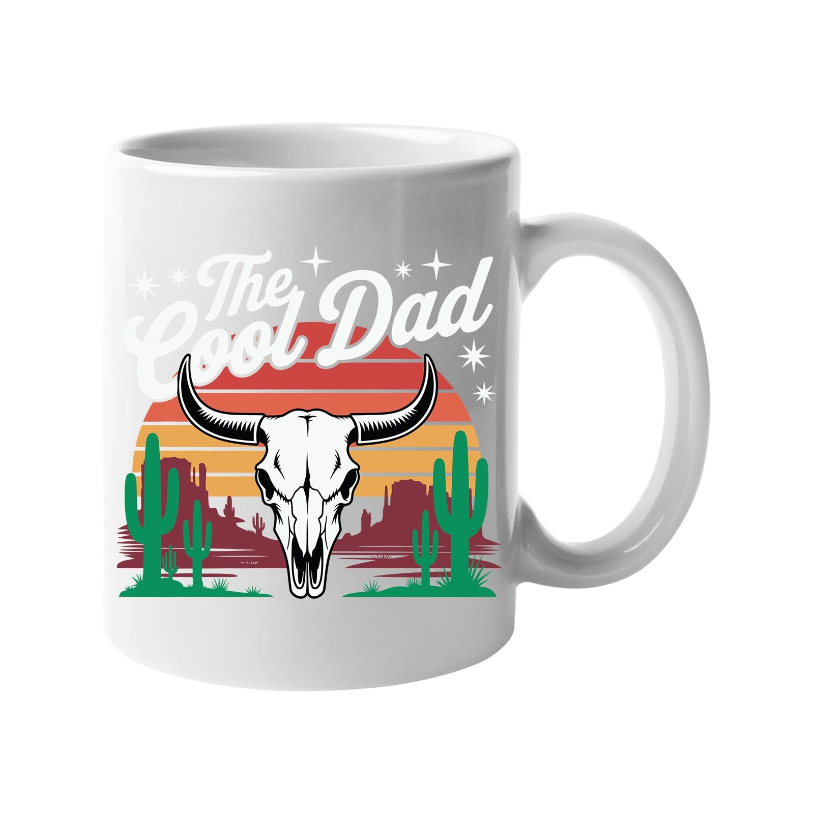 6101tcny l.jpg White mug with a bull skull, cacti and a retro desert sunset with “The Cool Dad”