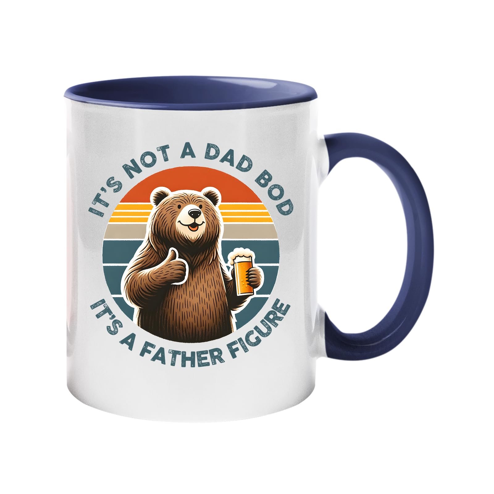 610j4jbs0cl.jpg Colour handle mug with a thumbs-up bear with a beer on a retro sunset and “It’s not a dad bod, it’s a father figure” – dark blue handle and inside