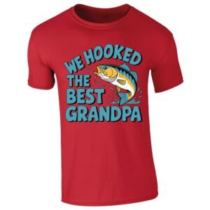 Red men's T-shirt with a We Hooked the Best Grandpa fishing design