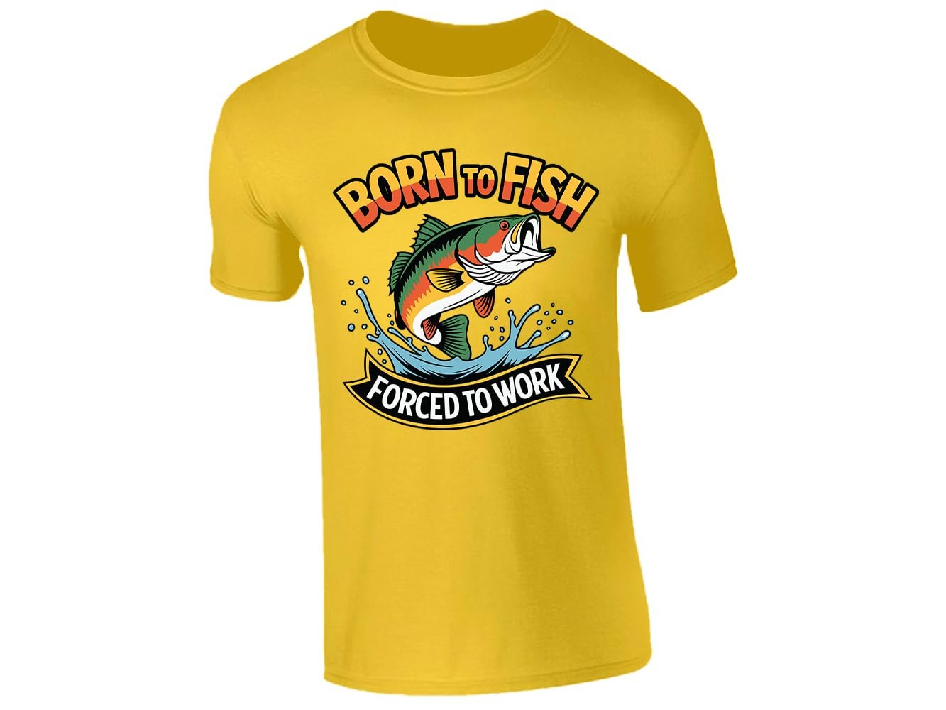 611vtgmc 1l.jpg Yellow men's T-shirt with “Born to fish, forced to work” leaping bass design