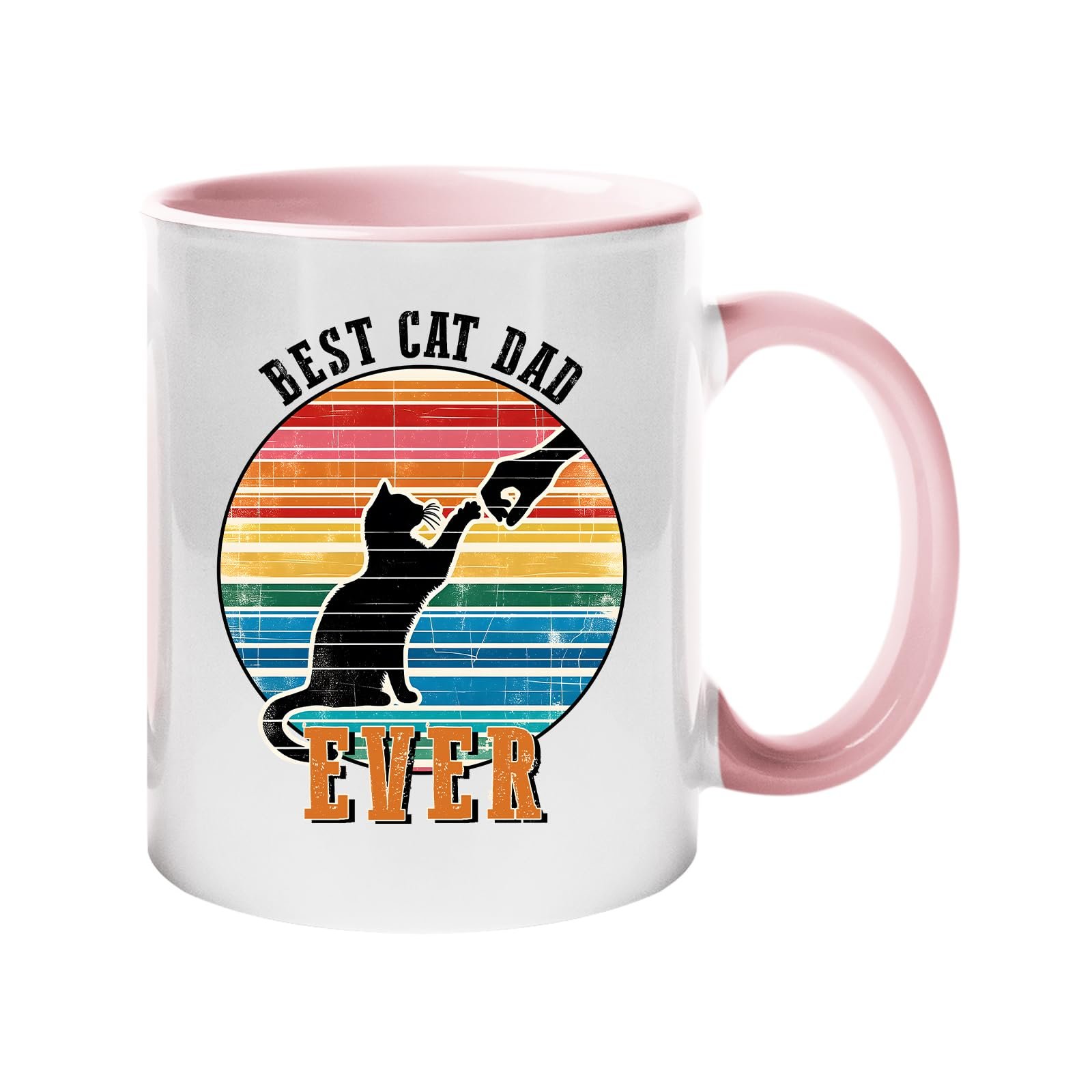 611bruxfc7l.jpg Colour handle mug with a black cat against a retro rainbow sunset with “Best Cat Dad Ever” – light pink handle and inside