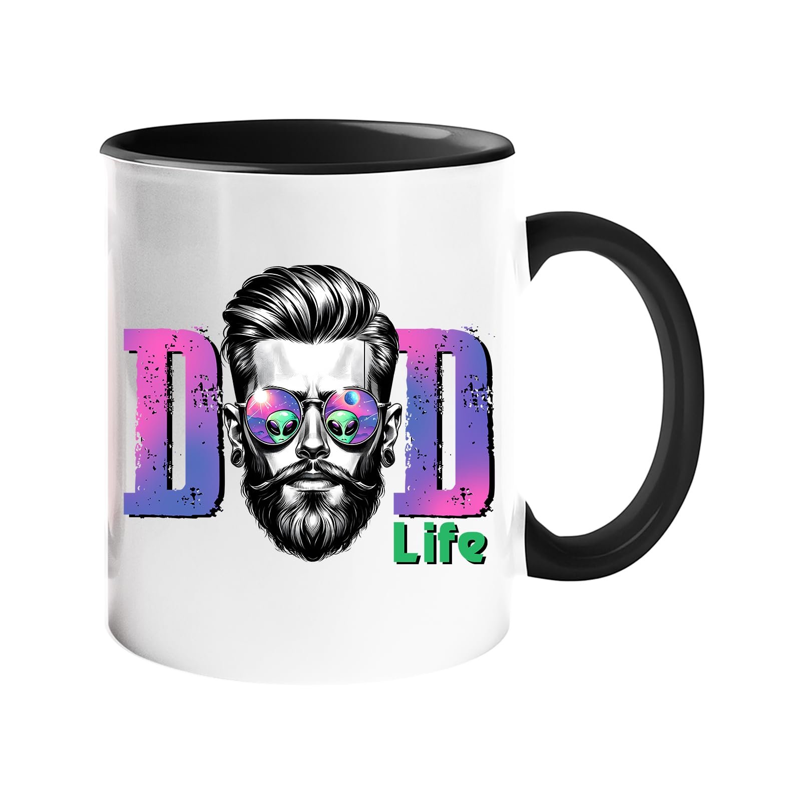 611tyemt 2l.jpg Colour handle mug with a bearded dad in sunglasses between pink “DAD” letters signed “Life” – black handle and inside