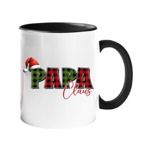 Colour handle mug with “Papa” in red and green plaid with a Santa hat and “Claus” in script – black handle and inside