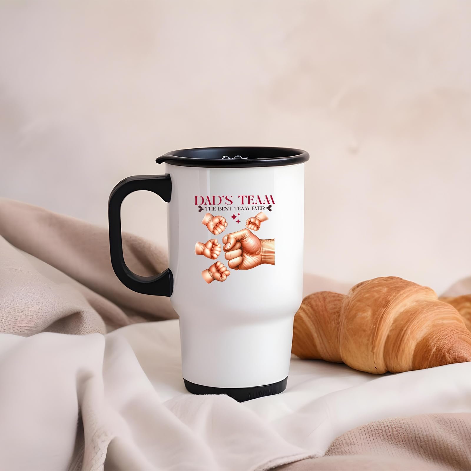 6133c 8w5rl.jpg Dad’s Team fist bump travel mug on a soft blanket beside a croissant