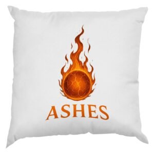 White cushion with a flaming cricket ball and ASHES in orange