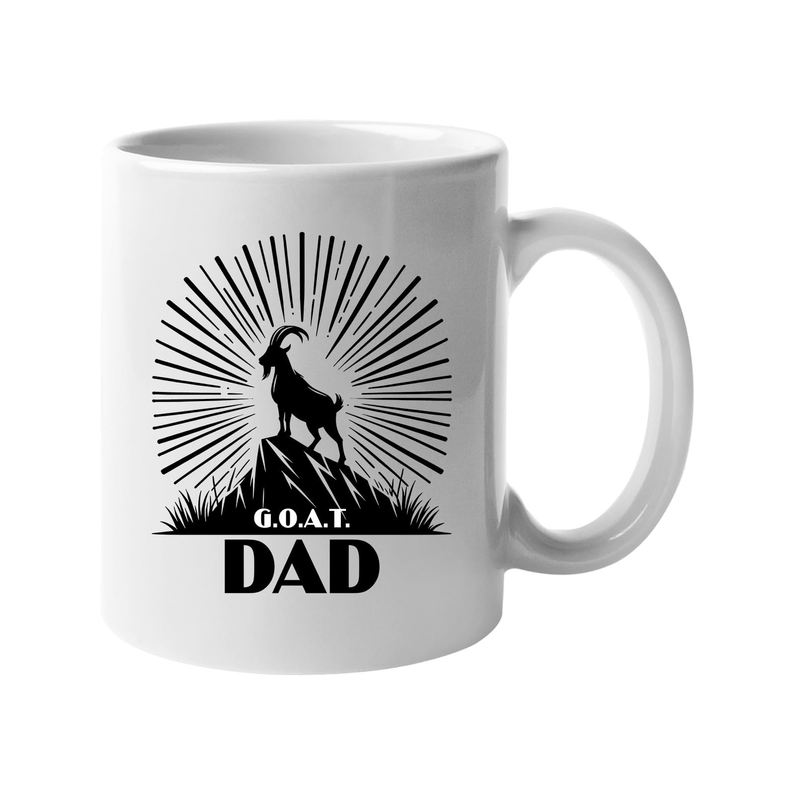 614bpovc81l.jpg White mug with a mountain goat on a peak with a sunburst and “G.O.A.T. Dad”