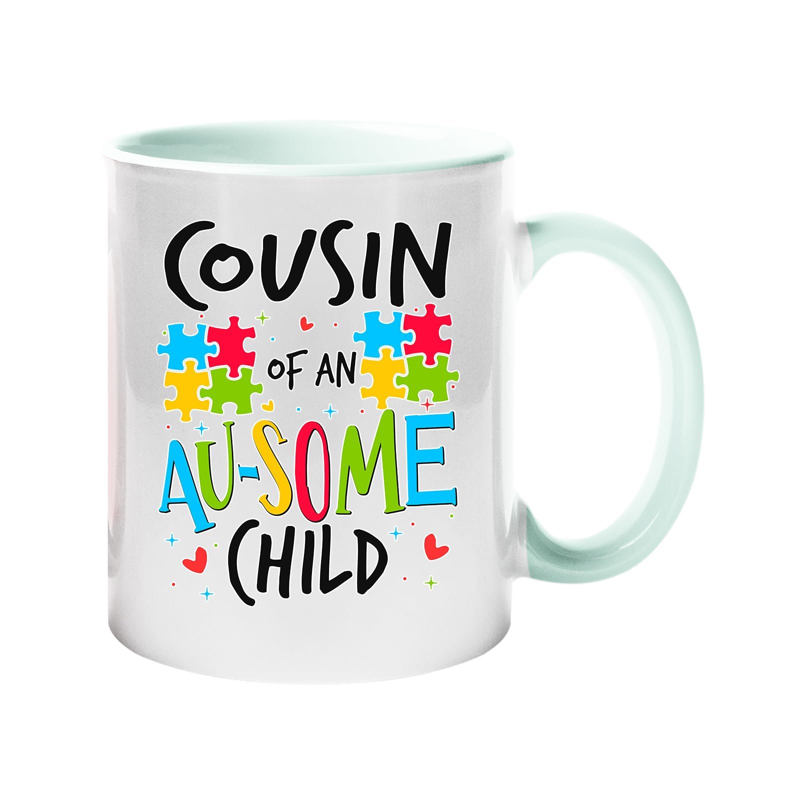 616cpqz9jtl.jpg Colour handle mug with “Cousin of an AU-SOME child” with colourful puzzle pieces – lime handle and inside