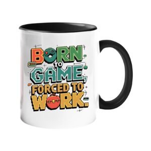 Colour handle mug with “Born to game, forced to work” in colourful arcade lettering – black handle and inside