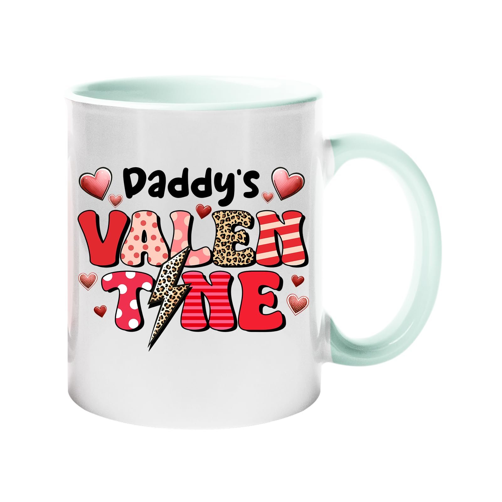 616rypmv 8l.jpg Colour handle mug with “Daddy’s Valentine” in patterned letters with hearts and a leopard lightning bolt – lime handle and inside