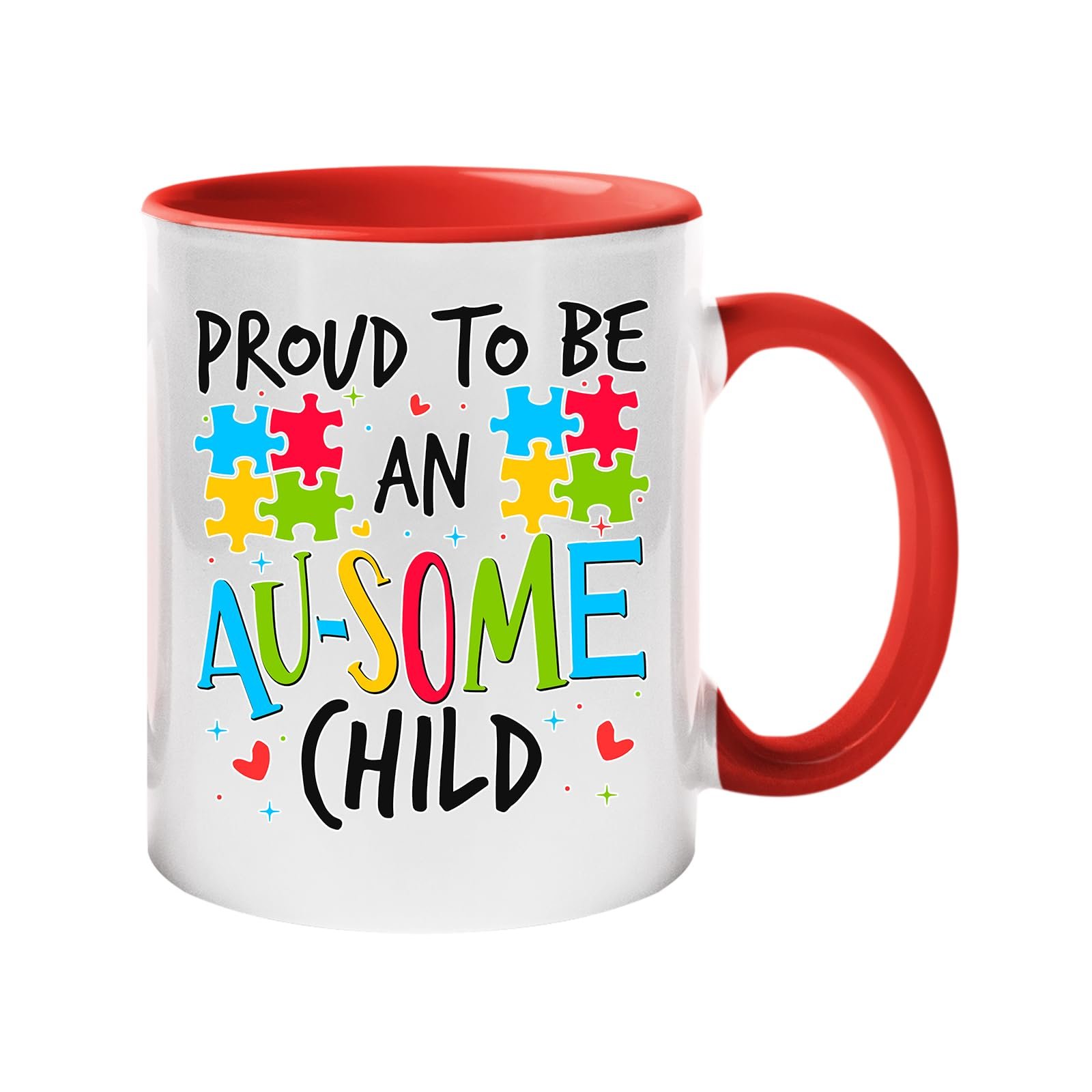 617dyz5exsl.jpg Colour handle mug with “Proud to be an AU-SOME child” with colourful puzzle pieces – red handle and inside