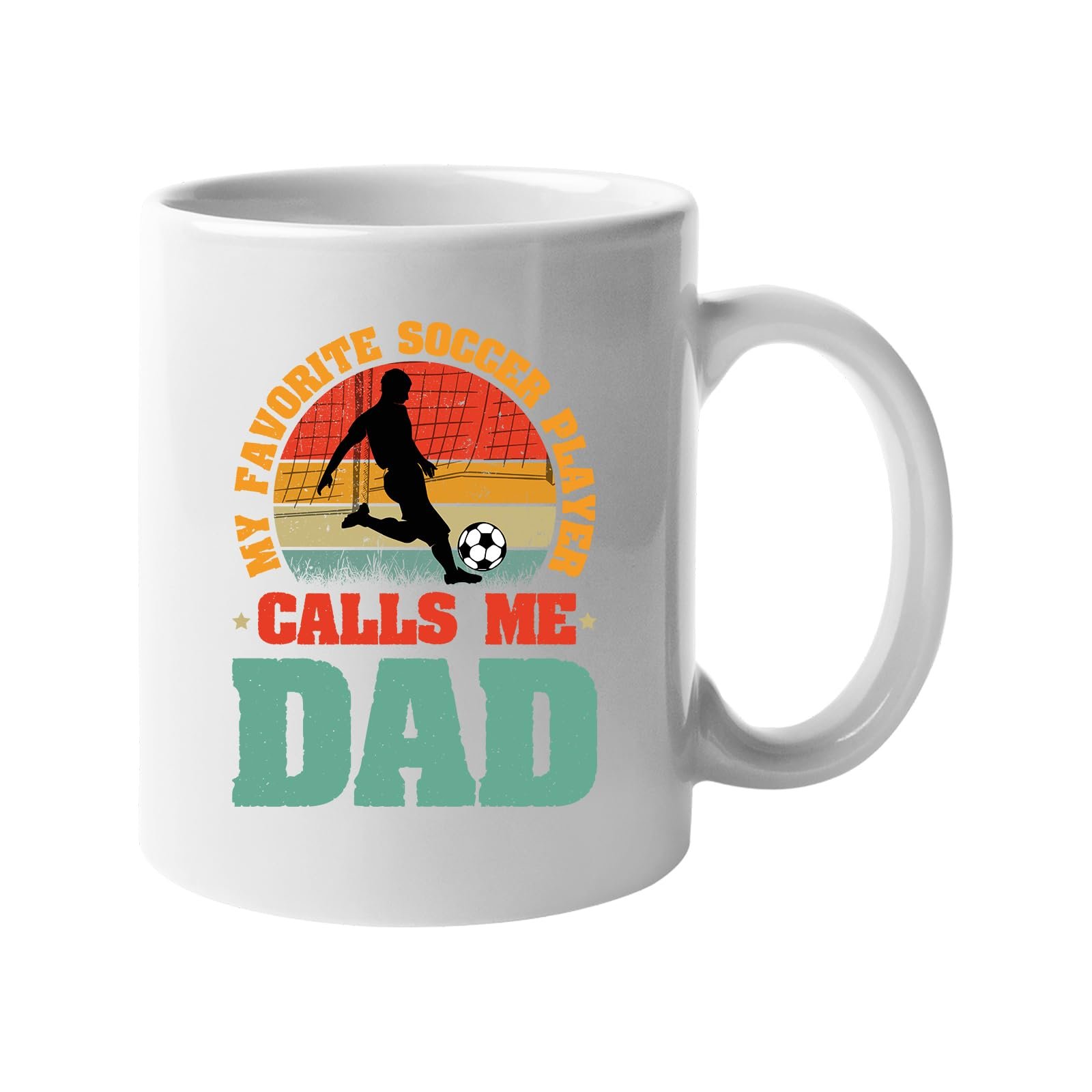 617iec3lqtl.jpg White mug with a footballer in silhouette on a retro sunset with “My favorite soccer player calls me Dad”