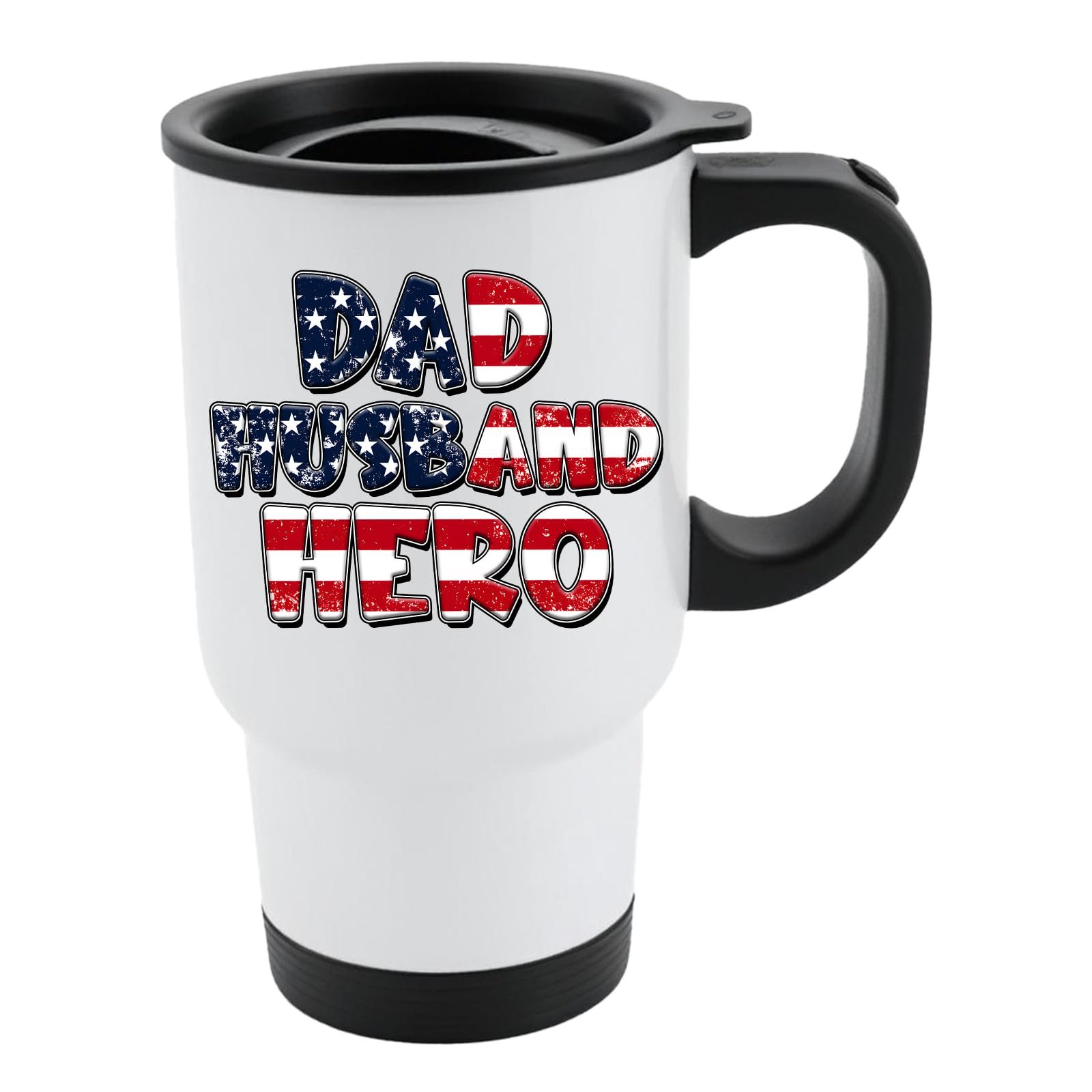 617rx6uxk l.jpg White travel mug with black lid and “Dad, Husband, Hero” in stars-and-stripes lettering