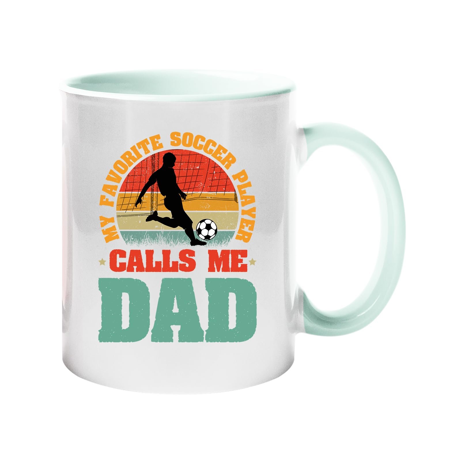 6184s 3kaul.jpg Colour handle mug with a footballer in silhouette on a retro sunset with “My favorite soccer player calls me Dad” – lime handle and inside