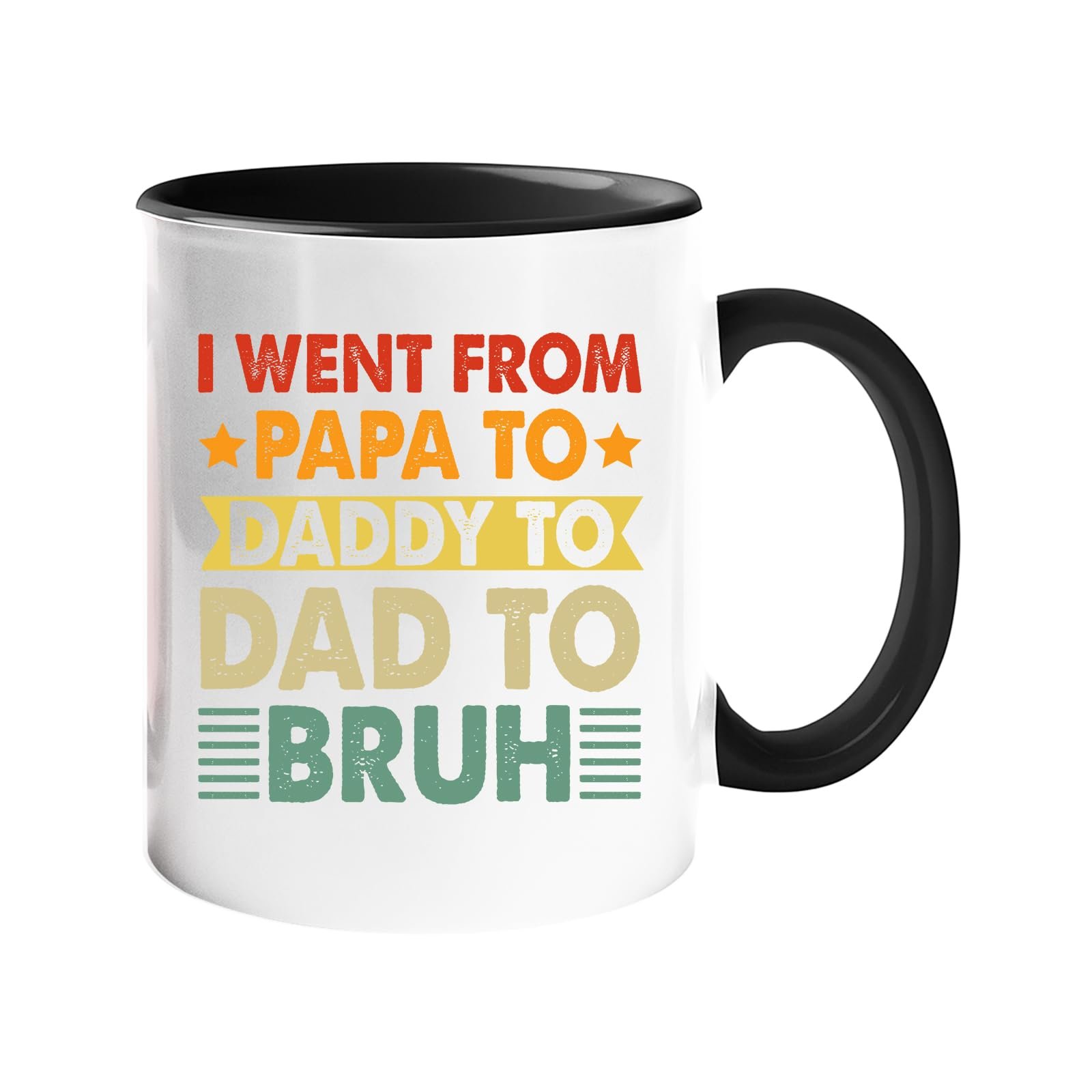 61anvntegdl.jpg Colour handle mug with “I went from Papa to Daddy to Dad to Bruh” in retro lettering – black handle and inside
