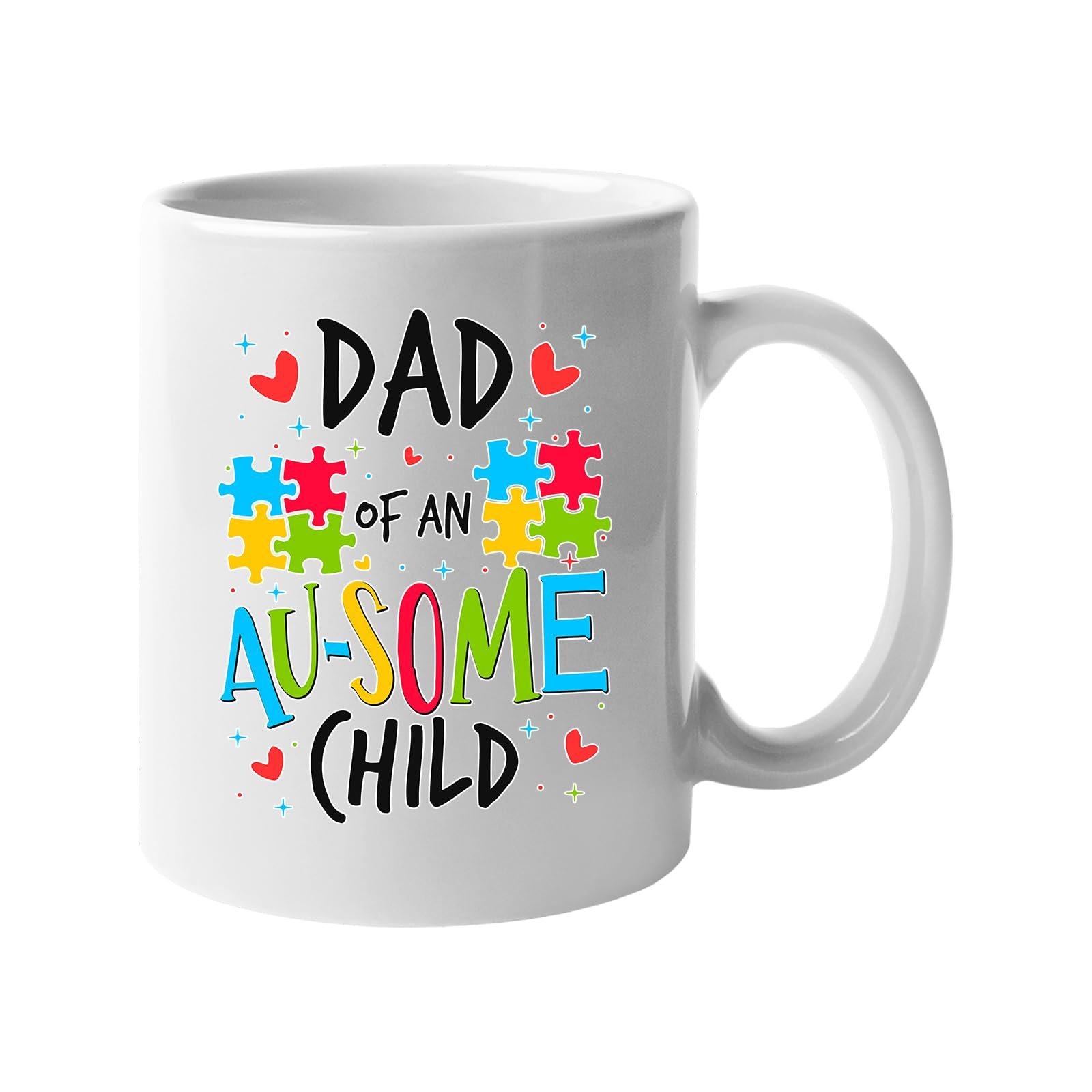 61b4y14bhgl.jpg White mug with “Dad of an AU-SOME child” with colourful puzzle pieces and hearts