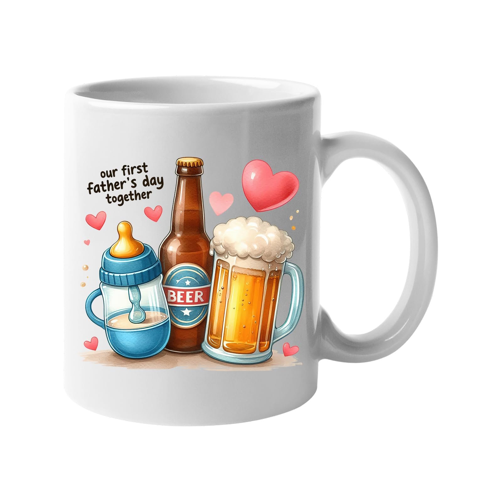 61b5ayxt9fl.jpg White mug with a baby bottle, a beer bottle and a frothy pint with hearts and “Our first Father’s Day together”
