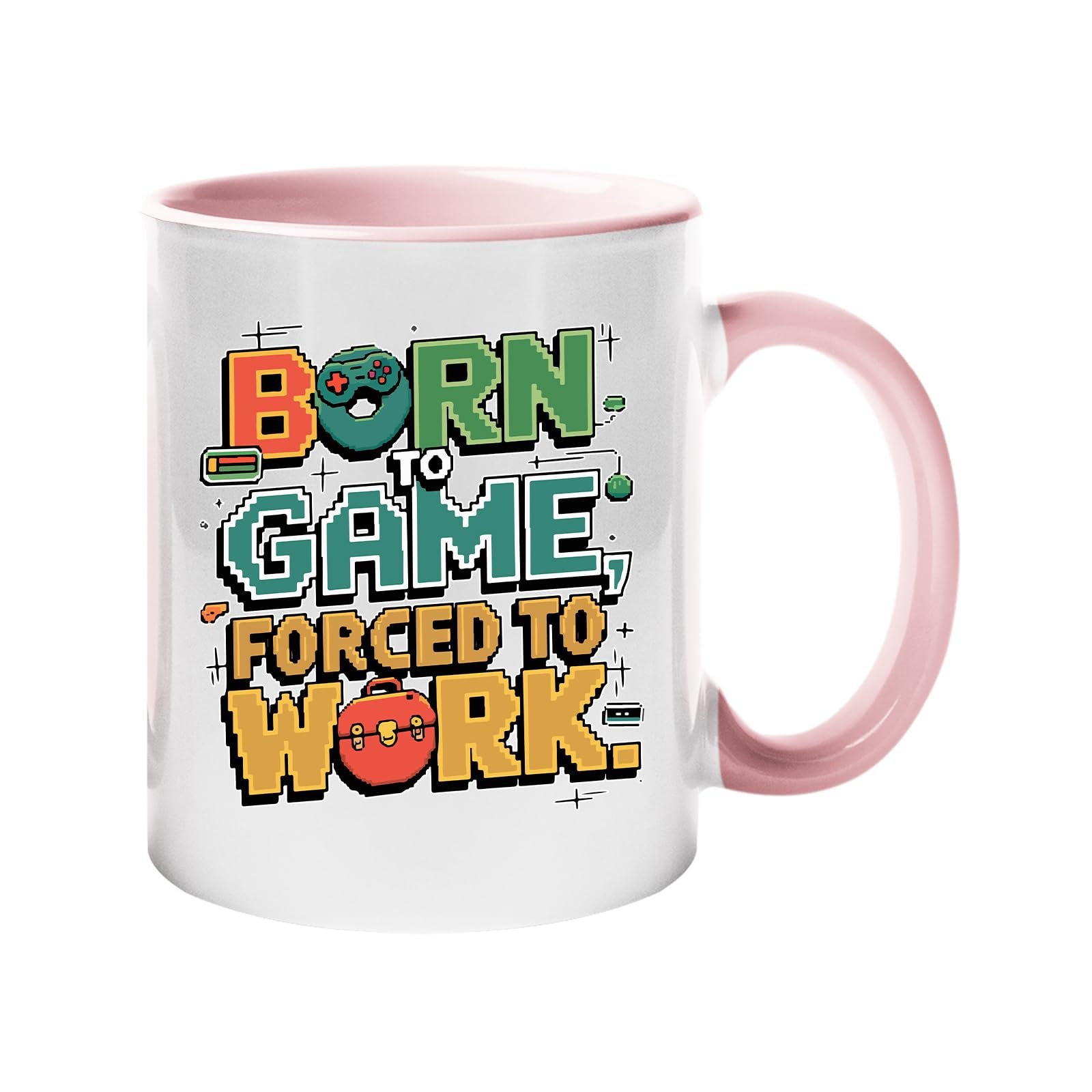 61bhr6vauxl.jpg Colour handle mug with “Born to game, forced to work” in colourful arcade lettering – light pink handle and inside
