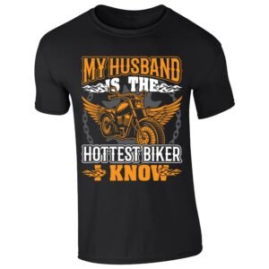 Black men's T-shirt with “My husband is the hottest biker I know” winged motorcycle design