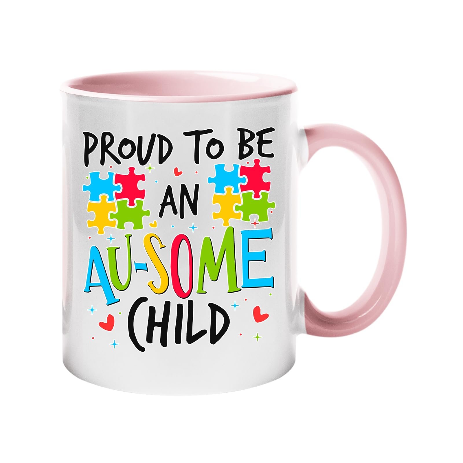 61duvdpudyl.jpg Colour handle mug with “Proud to be an AU-SOME child” with colourful puzzle pieces – light pink handle and inside