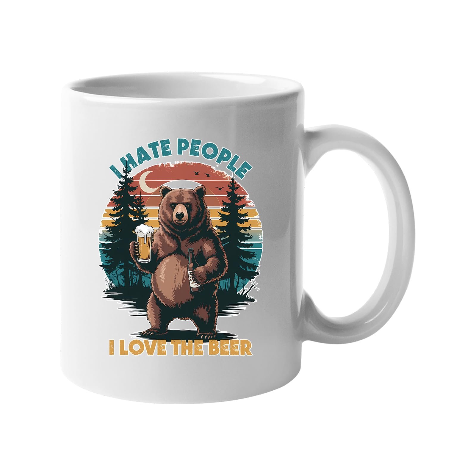 61dneey9szl.jpg White mug with a bear holding a beer against a retro forest sunset with “I hate people, I love the beer”