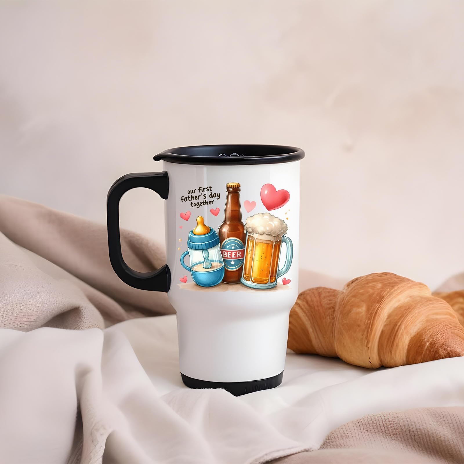 61ea6gs0wpl.jpg First Father’s Day hearts travel mug on a soft blanket beside a croissant