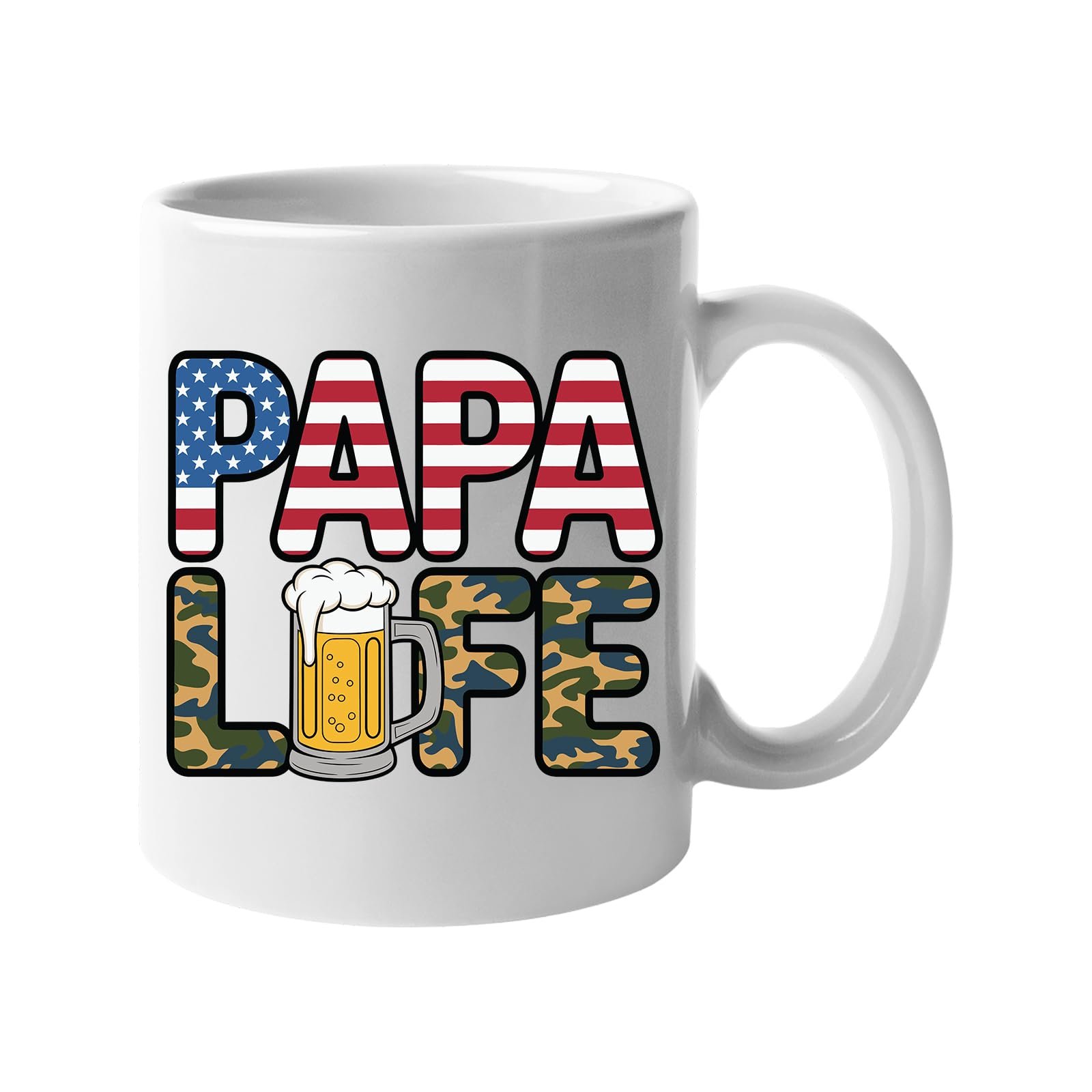 61ebds2xghl.jpg White mug with “Papa” in stars and stripes over camo “Life” with a frothy beer