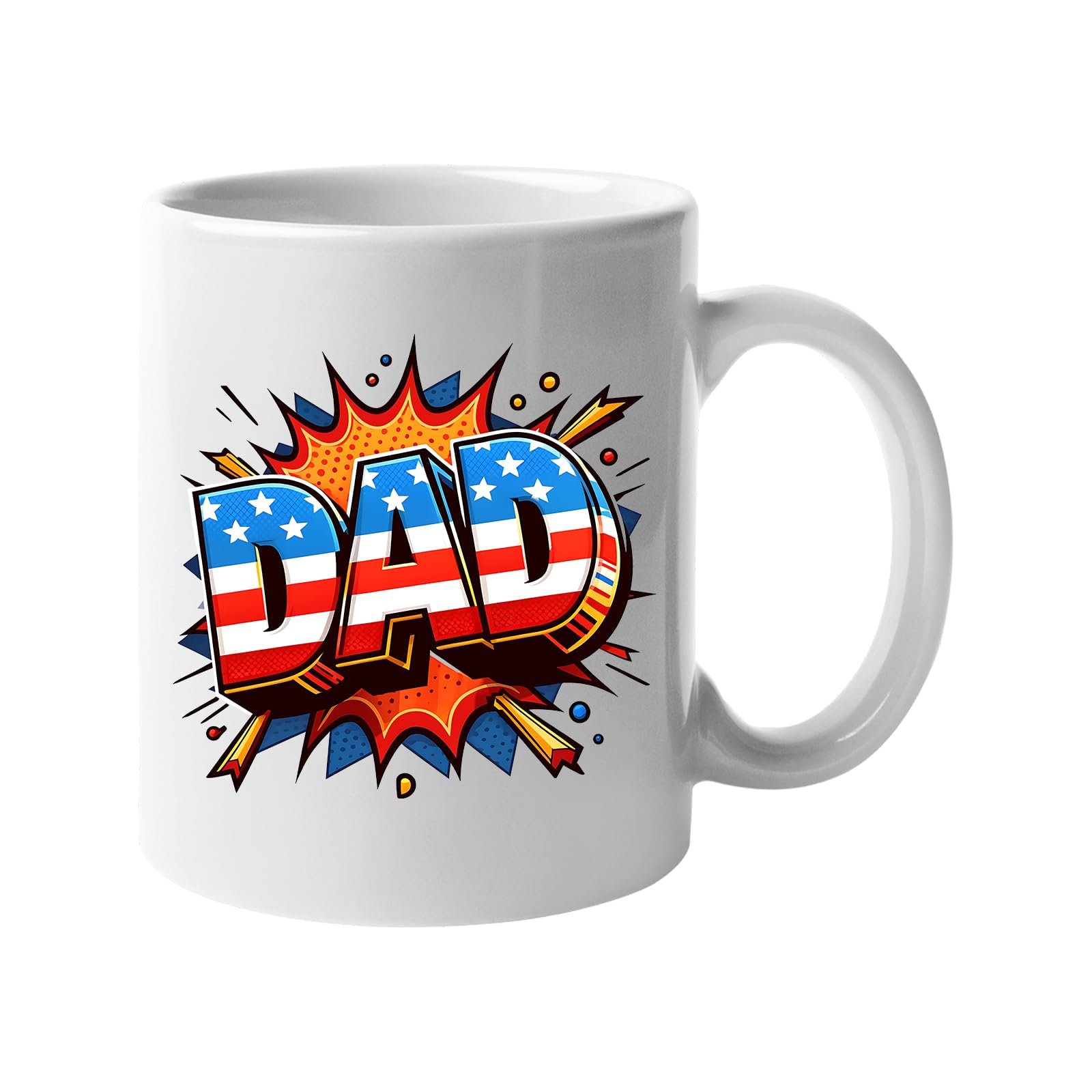 61egned8cal.jpg White mug with a comic-style “DAD” in stars and stripes on a starburst