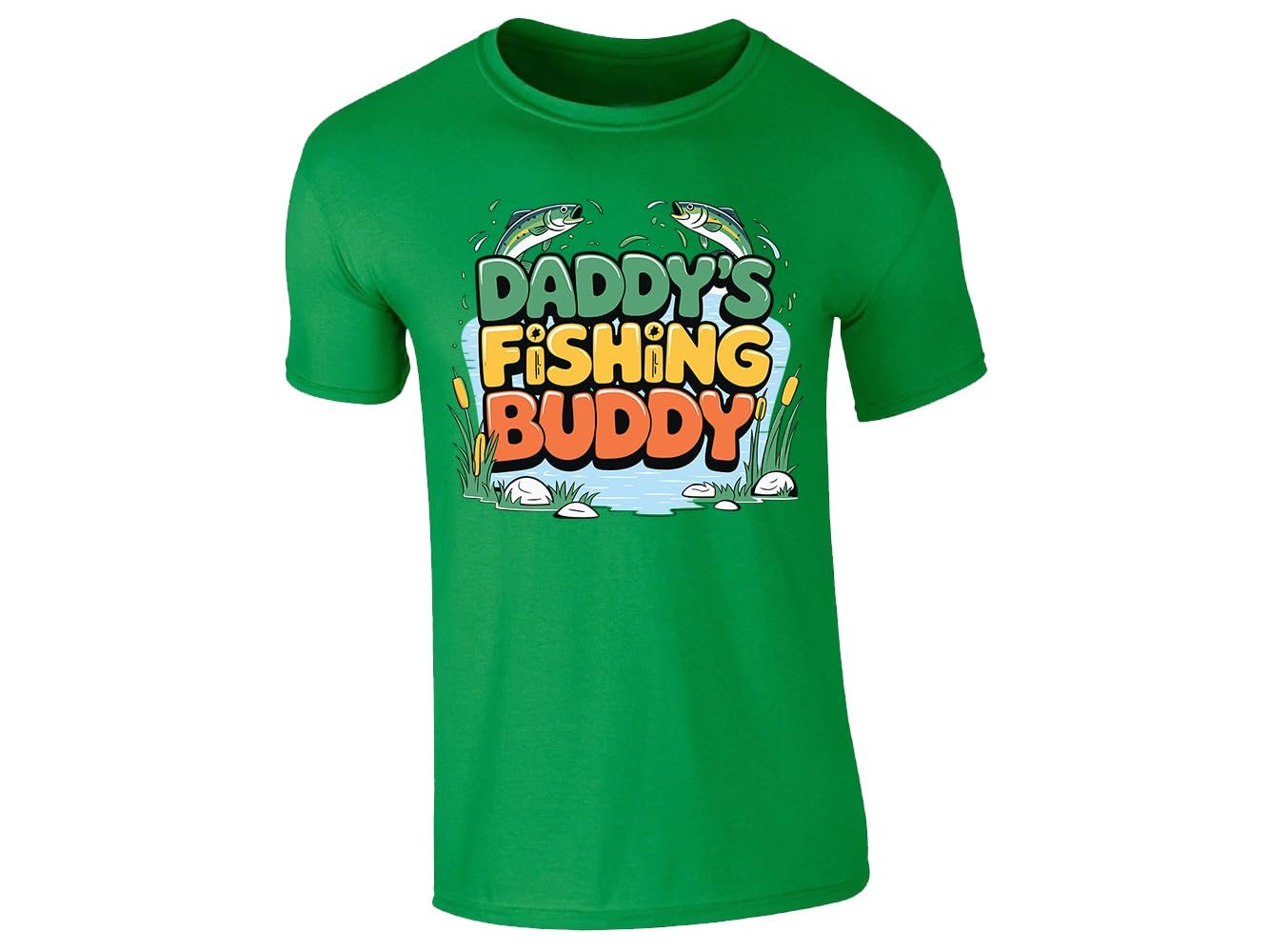 61eijmzzqcl.jpg Irish Green men's T-shirt with “Daddy’s fishing buddy” pond and fish design