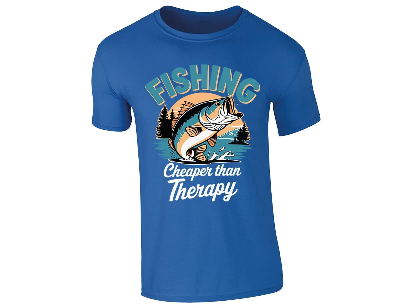 61elpkk12ol.jpg Royal Blue men's T-shirt with “Fishing – cheaper than therapy” bass design