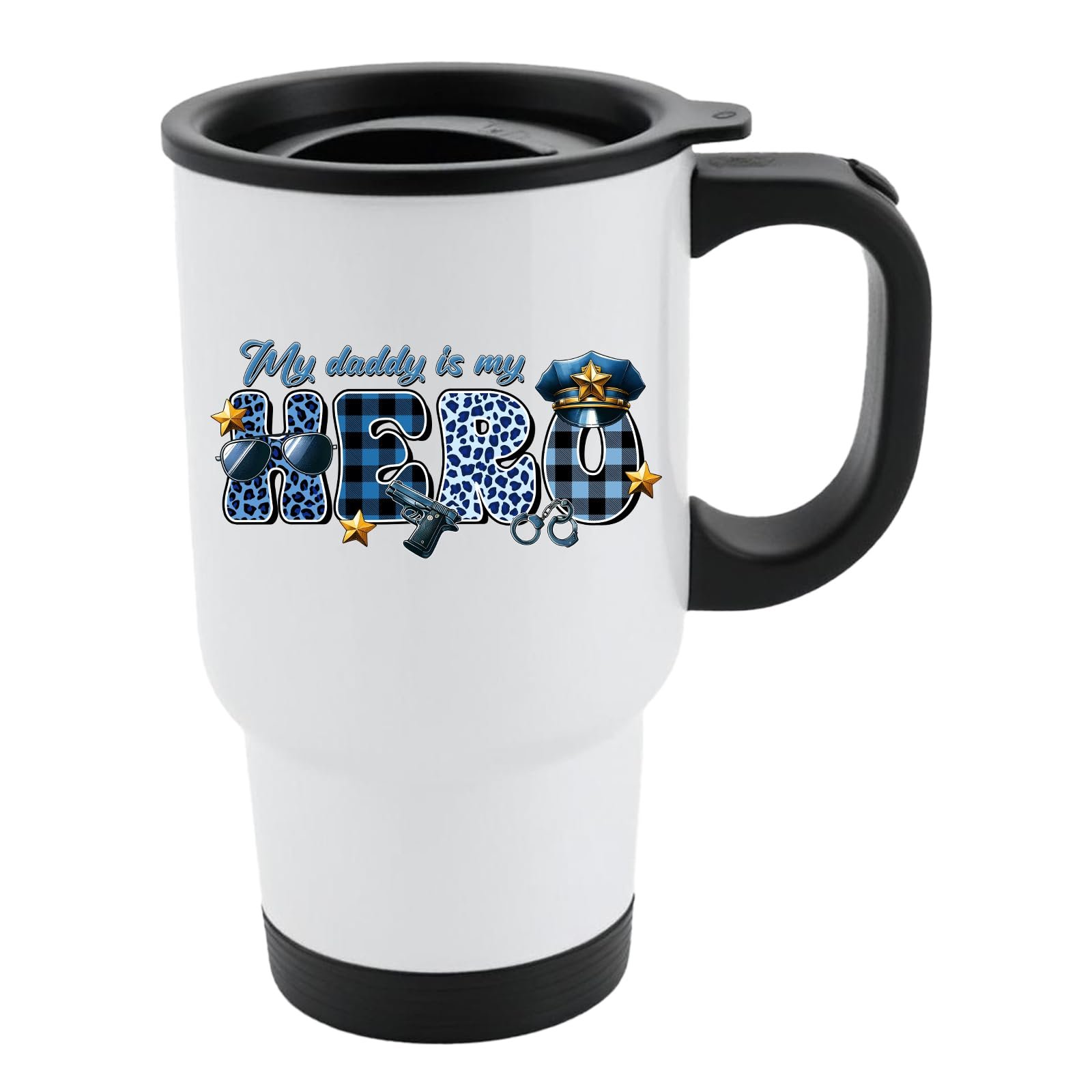 61eb4t5f6kl.jpg White travel mug with black lid and “My daddy is my hero” in blue plaid and leopard letters with a police cap and badge
