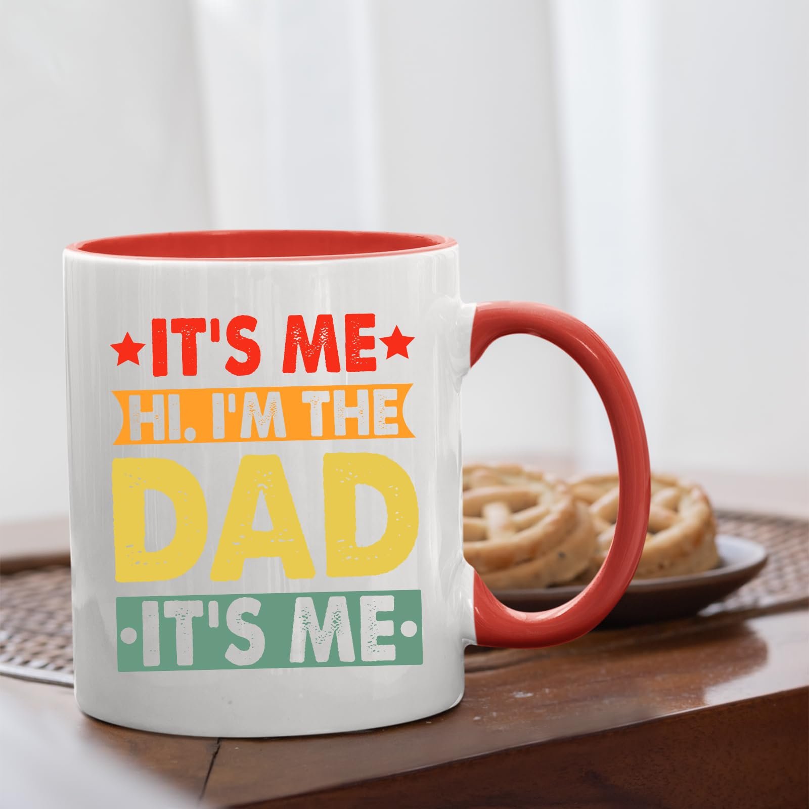 61exlflc9al.jpg It’s Me Hi I’m the Dad mug with a red handle beside biscuits