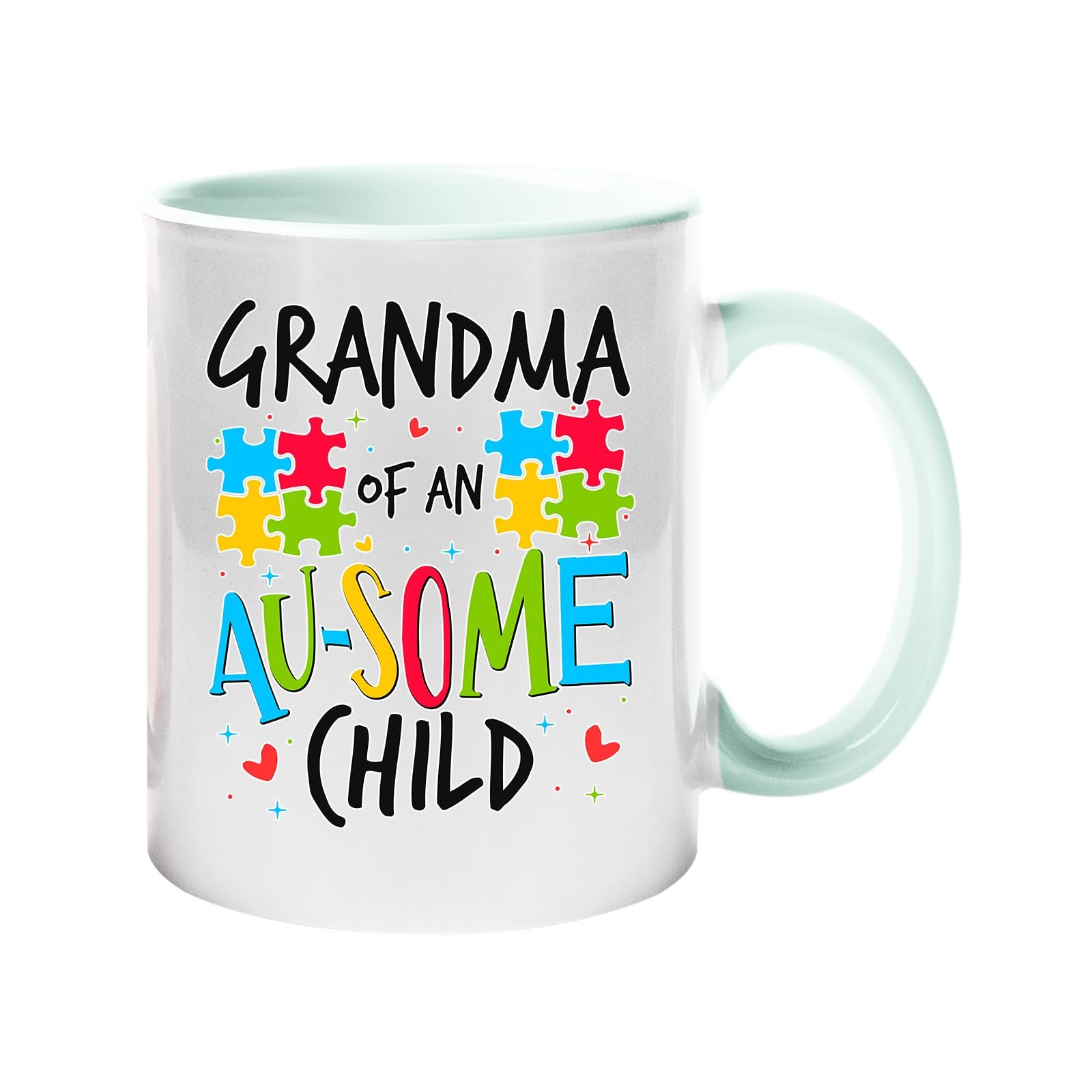 61f3ufkqasl.jpg Colour handle mug with “Grandma of an AU-SOME child” with colourful puzzle pieces – lime handle and inside