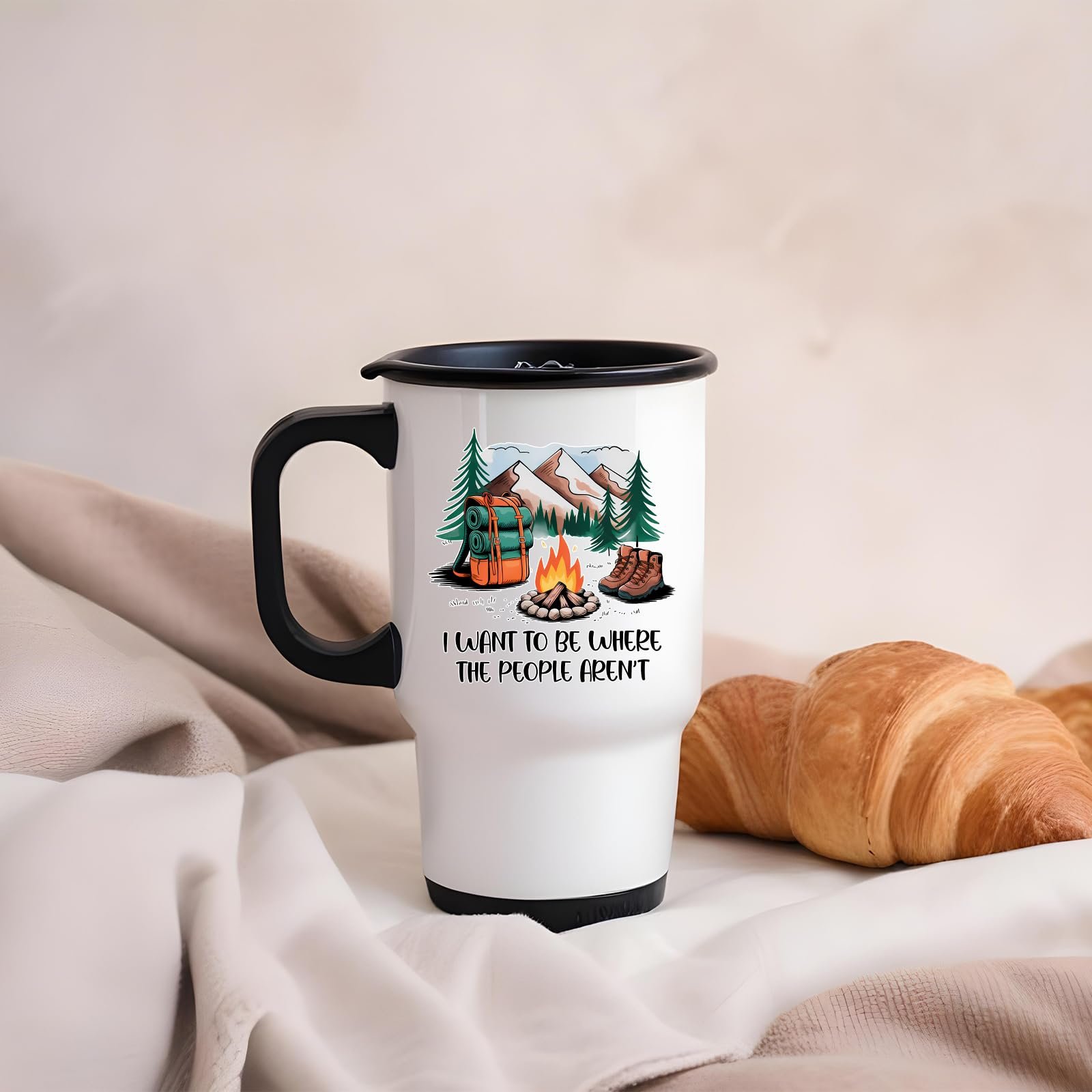 61f6sxx95wl.jpg camping escape travel mug on a soft blanket beside a croissant