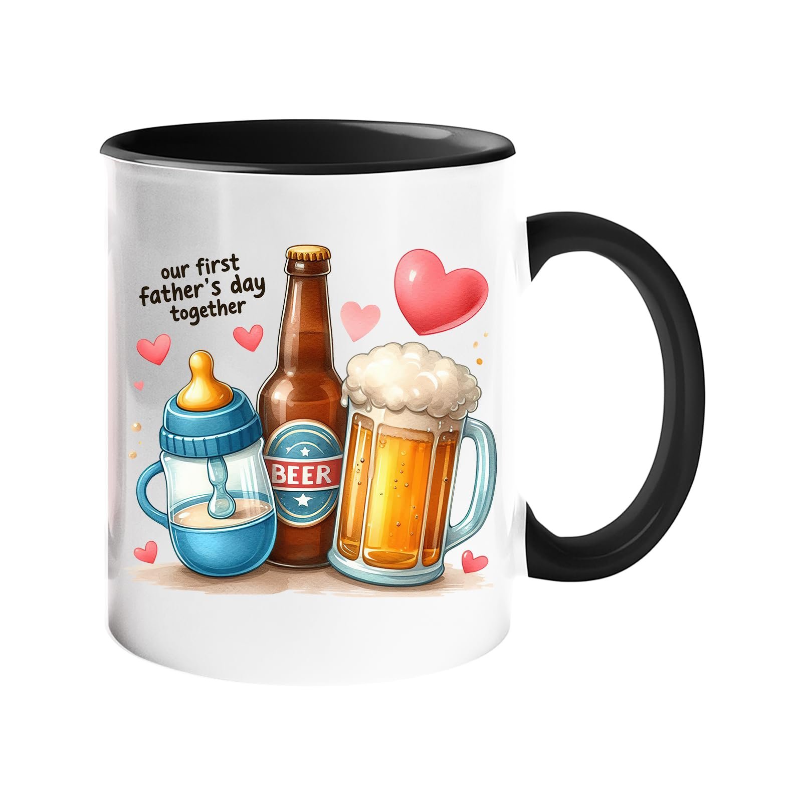 61fhem3xiil.jpg Colour handle mug with a baby bottle, a beer bottle and a frothy pint with hearts and “Our first Father’s Day together” – black handle and inside