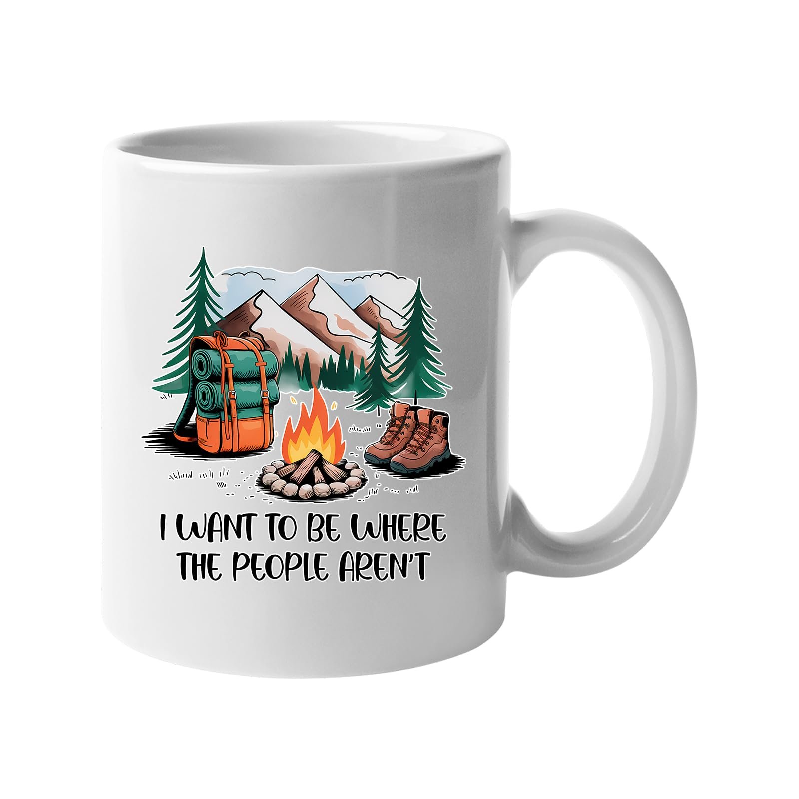 61gayevggil.jpg White mug with a campfire, backpack, boots and mountains with “I want to be where the people aren’t”