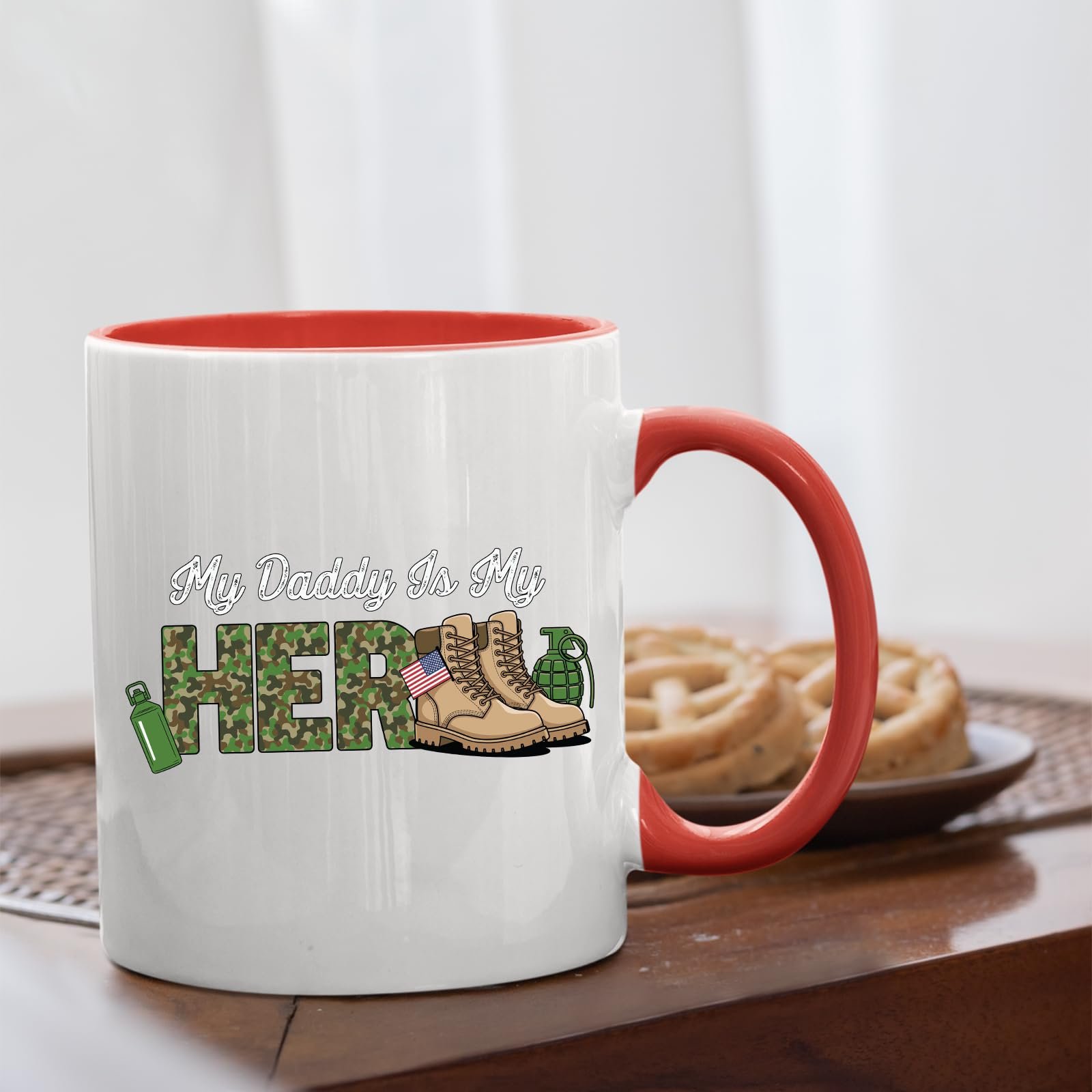 61ghbmvu42l.jpg My Daddy Is My Hero military mug with a red handle beside biscuits