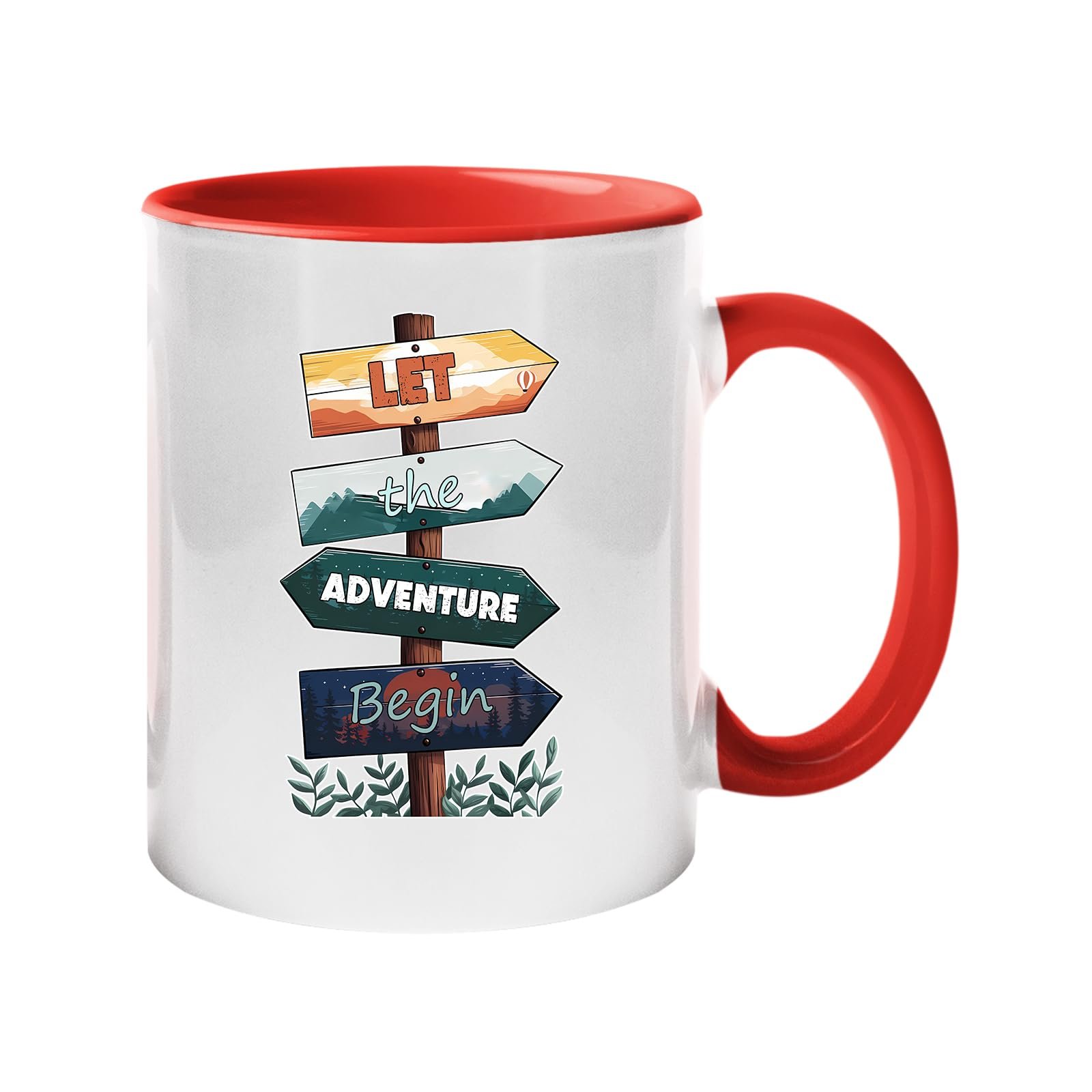 61gkfj2giul.jpg Colour handle mug with wooden signposts spelling out “Let the adventure begin” – red handle and inside