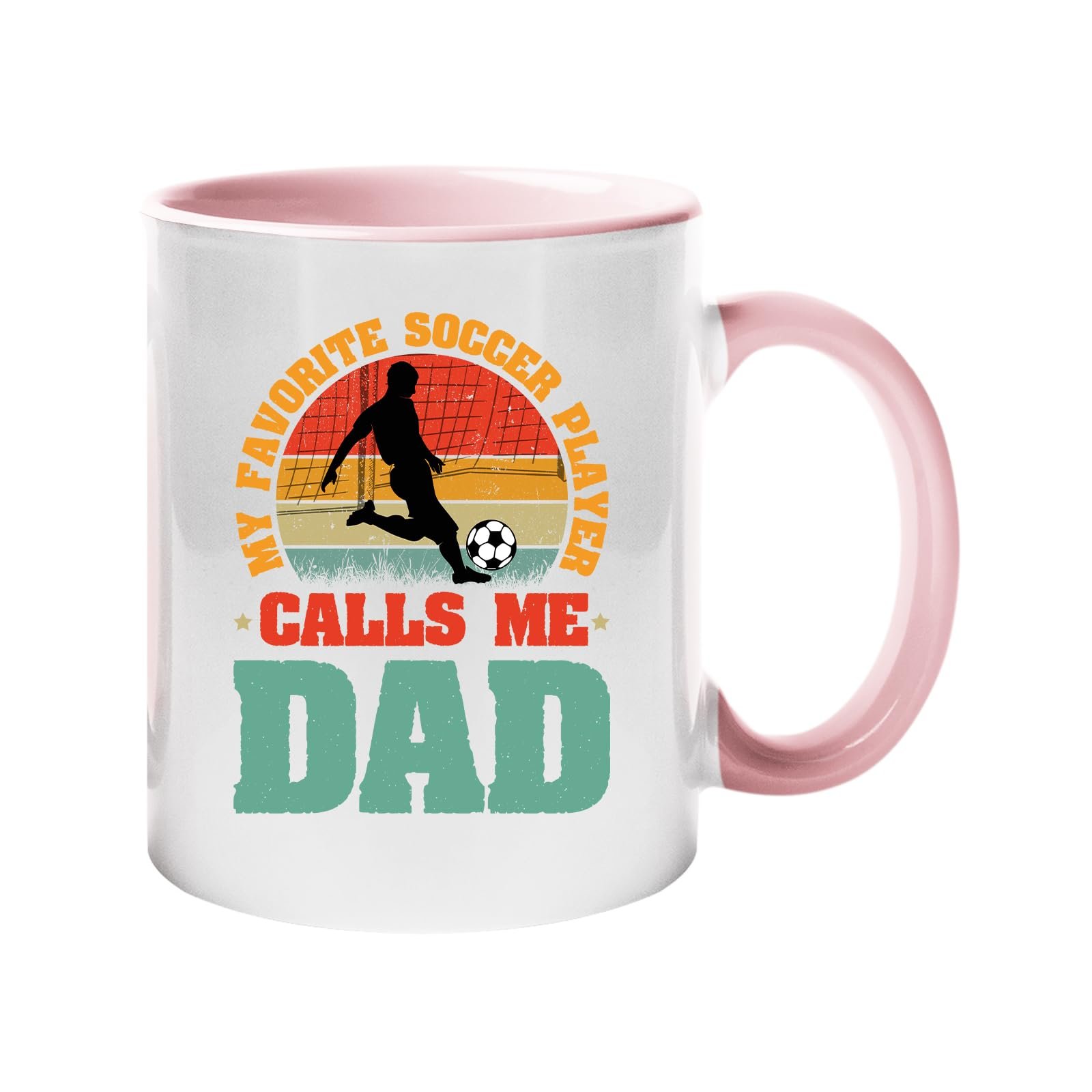 61glod ka2l.jpg Colour handle mug with a footballer in silhouette on a retro sunset with “My favorite soccer player calls me Dad” – light pink handle and inside