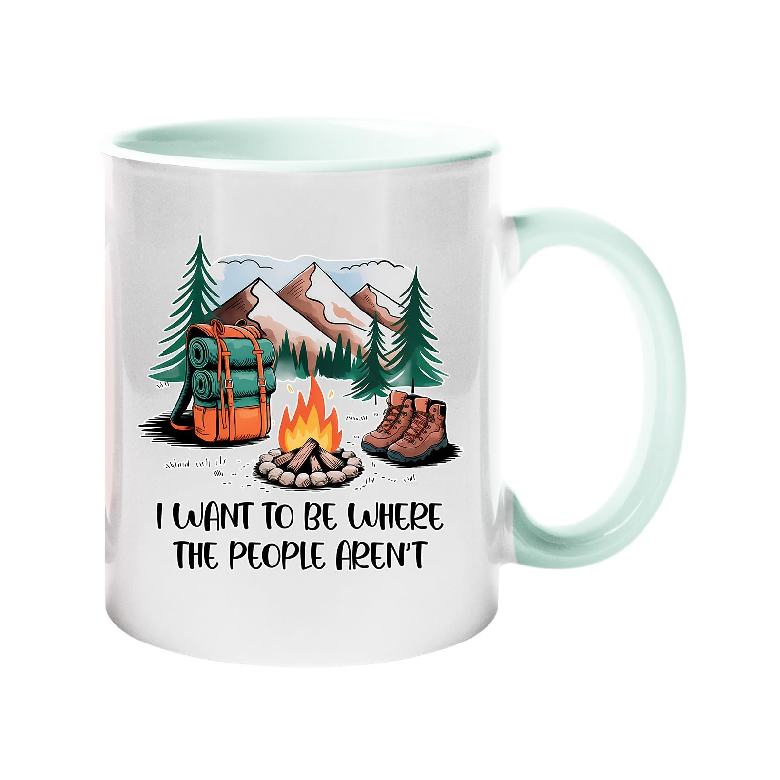 61gvxwnuojl.jpg Colour handle mug with a campfire, backpack, boots and mountains with “I want to be where the people aren’t” – lime handle and inside