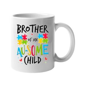 White mug with “Brother of an AU-SOME child” with colourful puzzle pieces