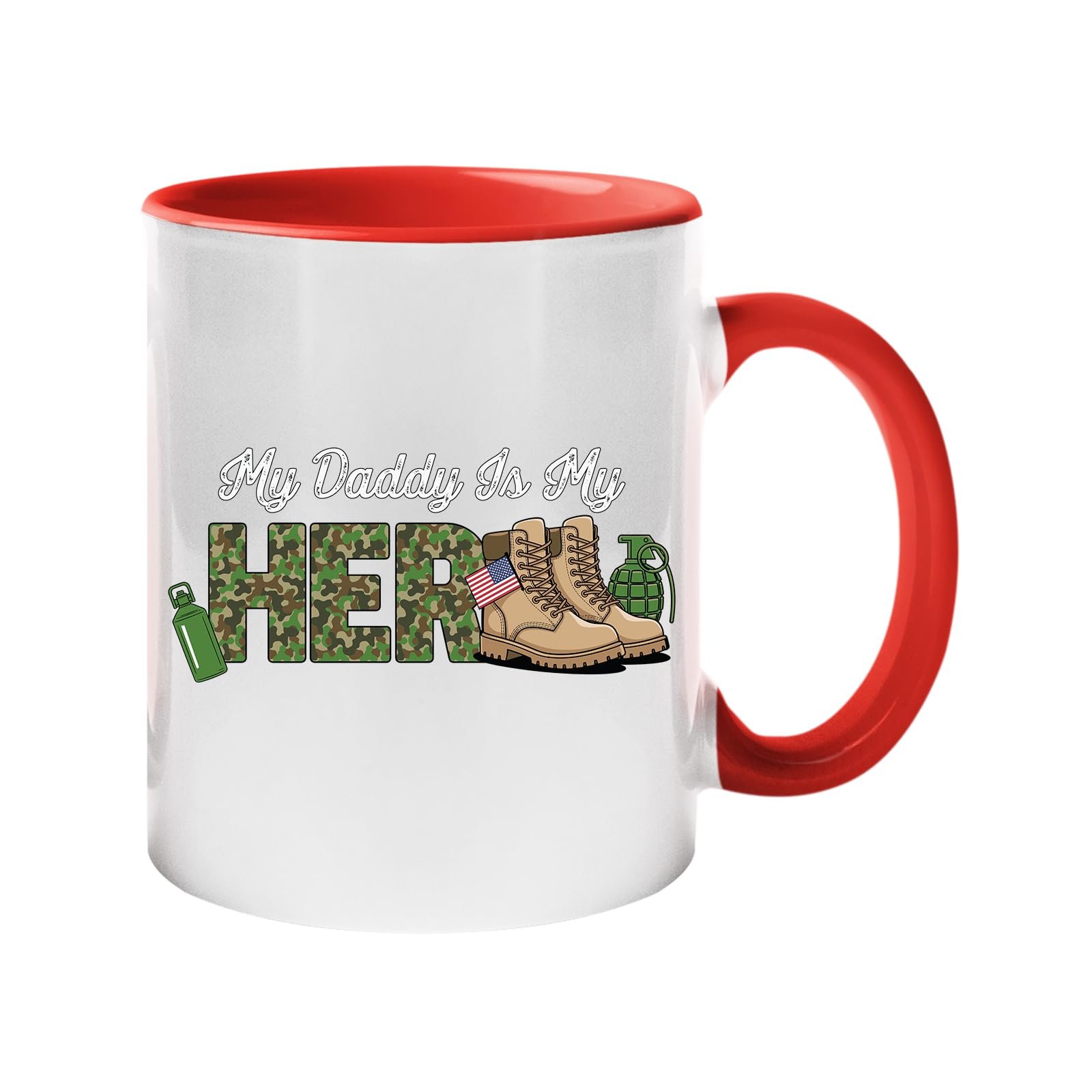61hsimgiryl.jpg Colour handle mug with “My Daddy is my hero” in camo lettering with army boots and a flag – red handle and inside